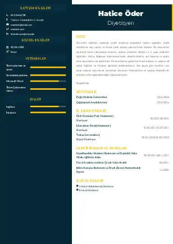 Beslenme Uzmanı Diyetisyen CV Örnekleri cv indir